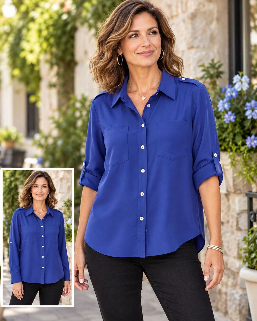 Chico’s Size 2/M Royal Blue Button Front Blouse Roll Tab Sleeves Utility Shirt